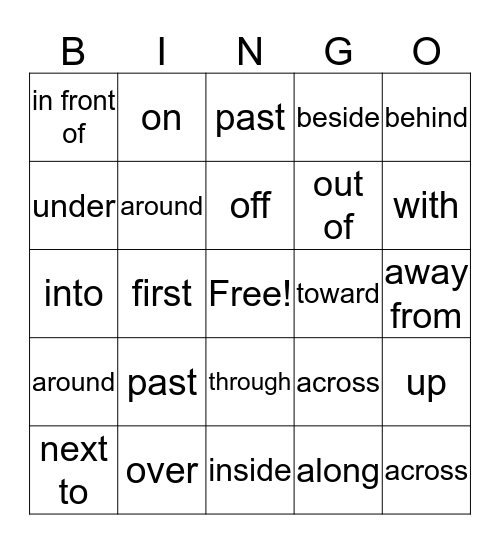 Prepositions Bingo Card