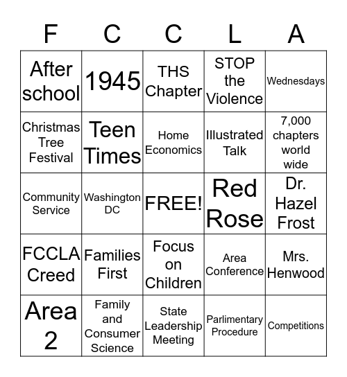 FCCLA Step One Bingo Card