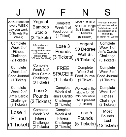 JWFNS Trainer Challenge 2017 Bingo Card