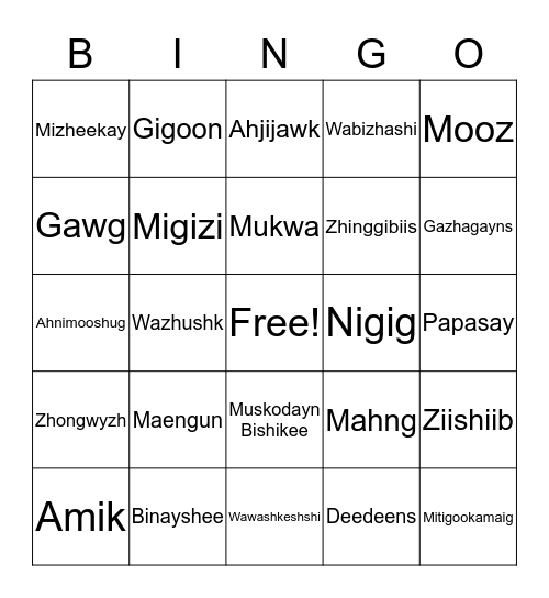 Animals  Bingo Card