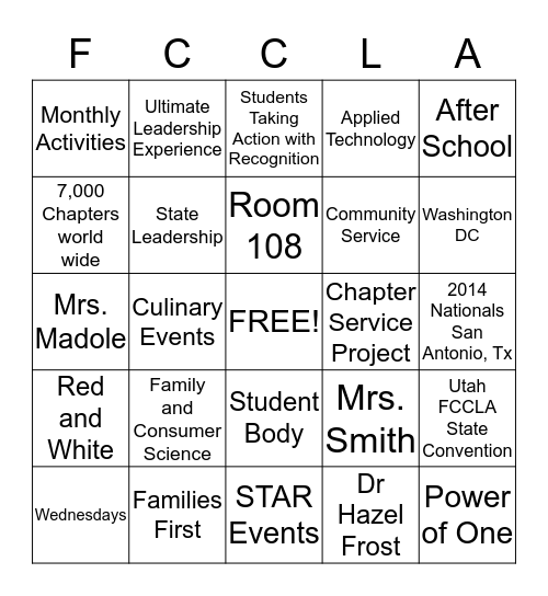 FCCLA Step 1 Bingo Card