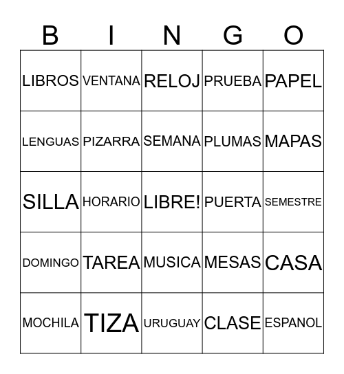 Nouns y Articulos Bingo Card