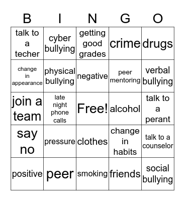 Peer Pressure Bingo Card