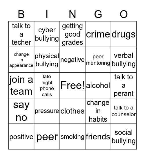 Peer Pressure Bingo Card