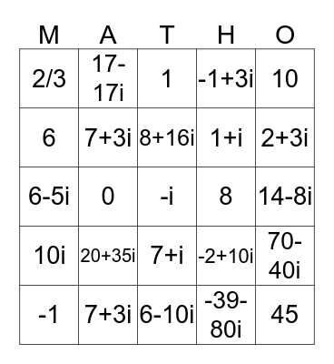 Algebra 2 - Complex Numbers Bingo Card