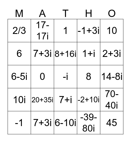 Algebra 2 - Complex Numbers Bingo Card