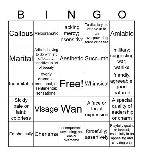 Vocab 6 Bingo Card