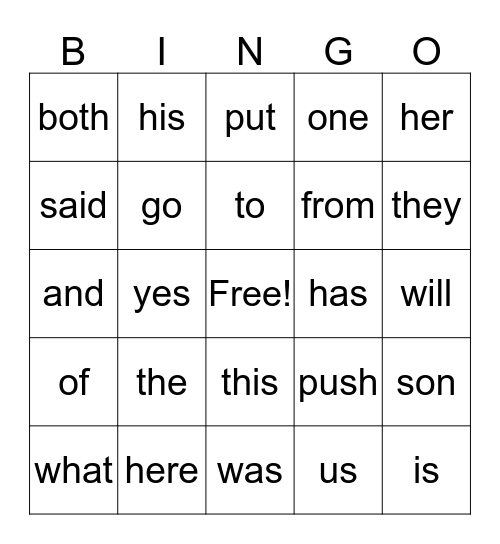 High Frequency Bingo Card