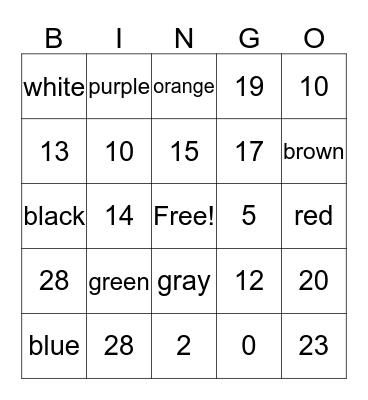 Spanish Numbers & Colors Bingo Card