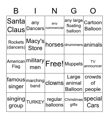 Macy's Thanksgiving Parade Bingo Card