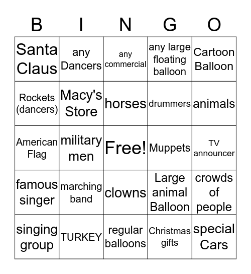 Macy's Thanksgiving Parade Bingo Card