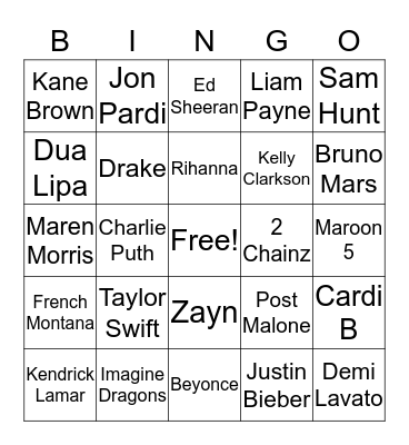 Name That Tune Bingo Card