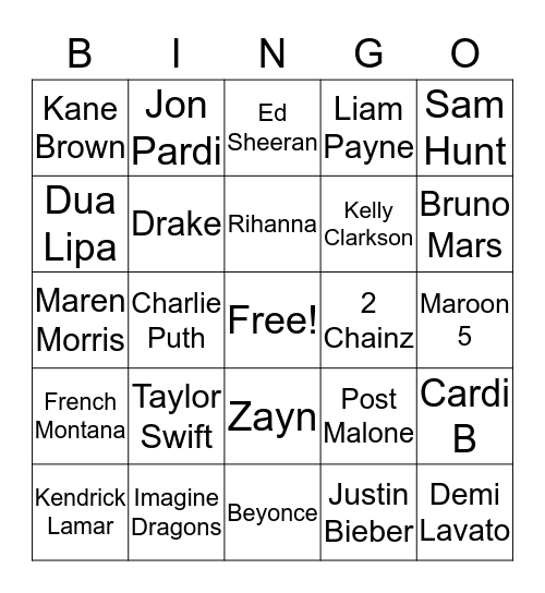 Name That Tune Bingo Card