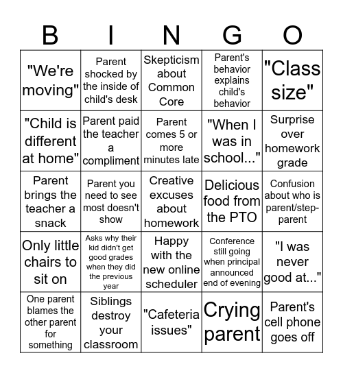 Parent/Teacher Conference Bingo Card