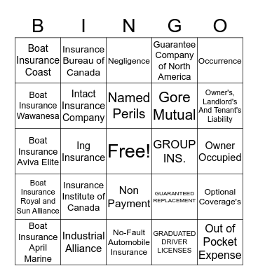 Rai Insurance Bingo!  Game 1  Bingo Card