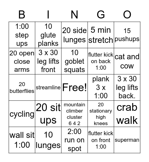 fitness bingo Card