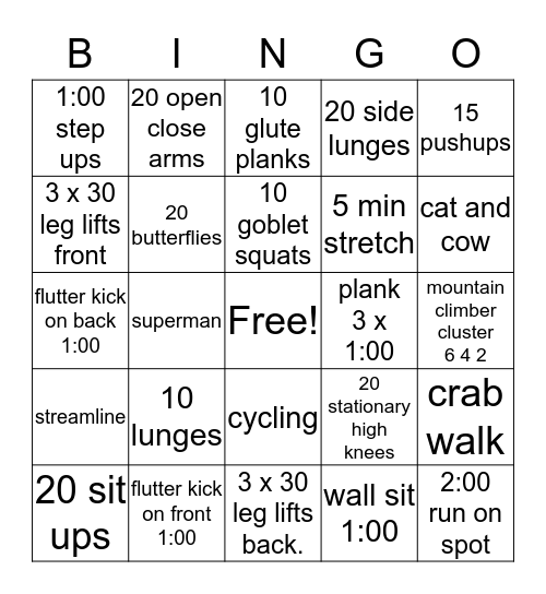 fitness bingo Card
