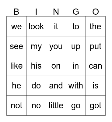 Sight Words Bingo Card