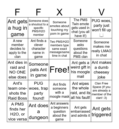 PMS/H2O FFXIV PUG Bingo Card
