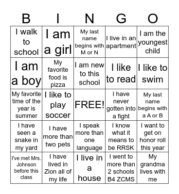 Getting to Know You Bingo Card