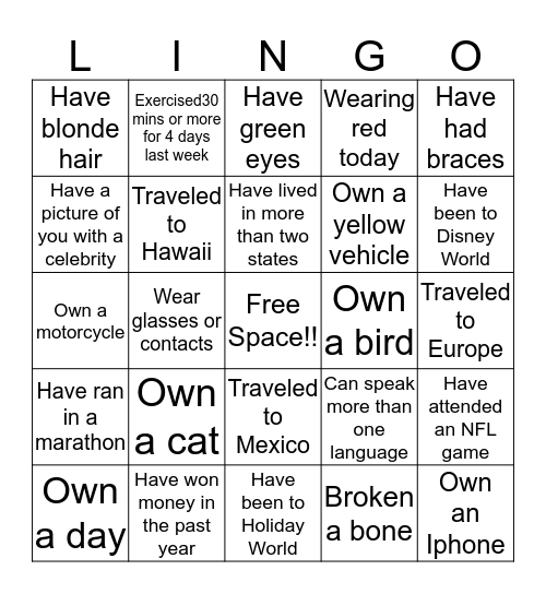 Lingo Bingo  Bingo Card