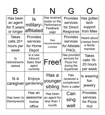 Liveops Bingo Card