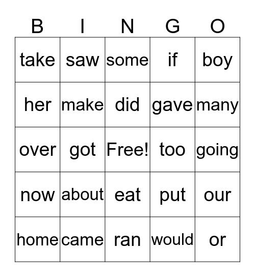 2G Power Words Bingo Card