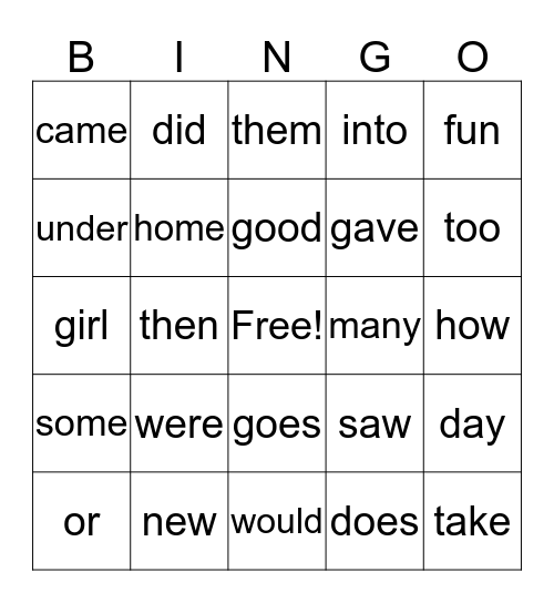 2G Power Words Bingo Card