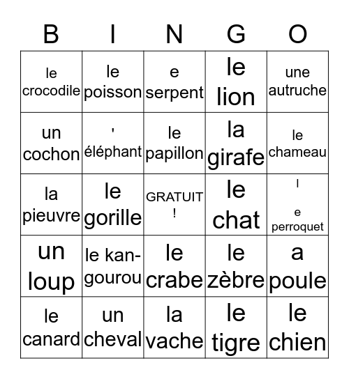 les ANIMAUX Bingo Card