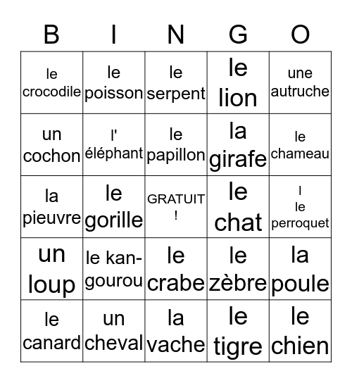les ANIMAUX Bingo Card