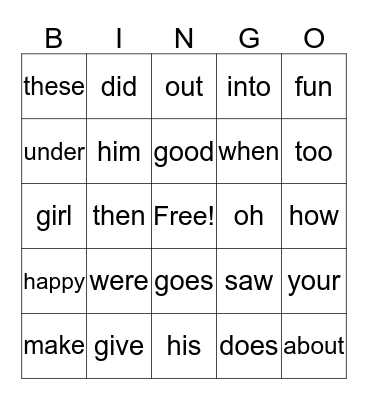 2G Power Words Bingo Card