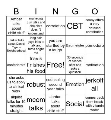 Social Emotion Bingo Card