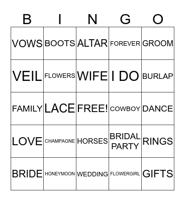 BRIDAL BINGO, Y'ALL Bingo Card