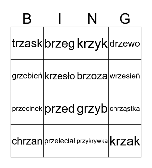 "rz"  po spółgłoskach Bingo Card