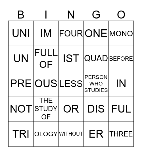 Word Cells #1-5 Bingo Card