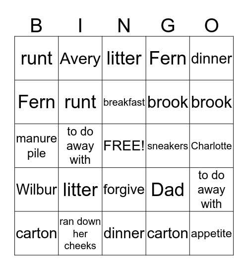 Charlotte's Web Vocabulary  Bingo Card