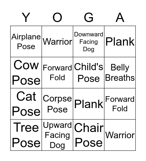Yoga Pose BINGO Card