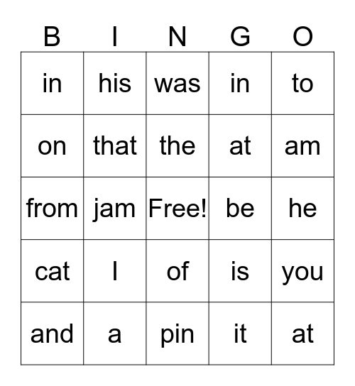 Fry Word Bingo Card