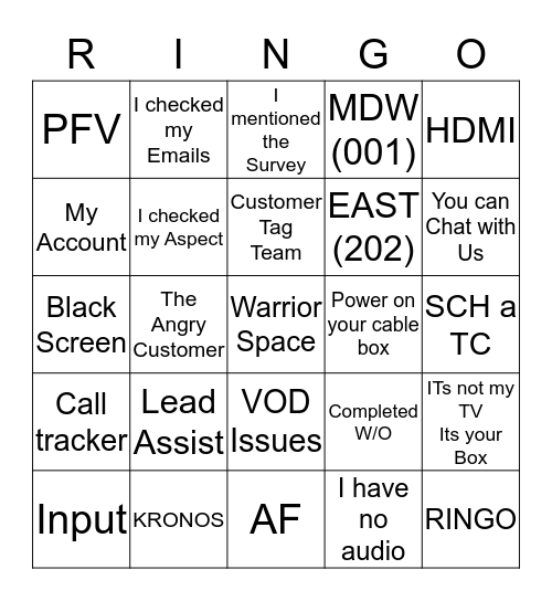 Warrior R I N G O  Bingo Card