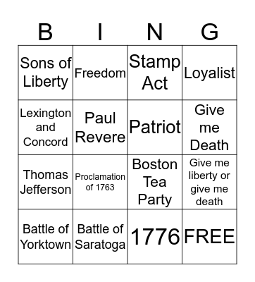 American Revolution  Bingo Card