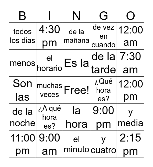 espanol hora vocabulario Bingo Card