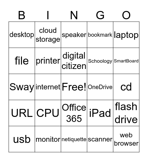 Computer Vocabulary Bingo Card