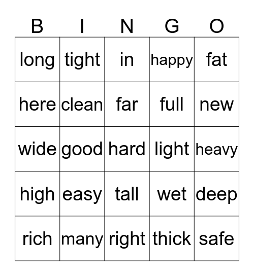 Opposites  Bingo Card