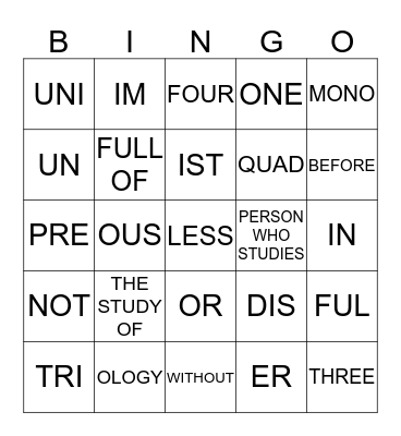 Word Cells #1-5 Bingo Card
