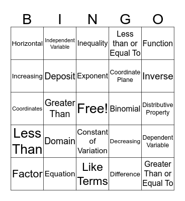 Algebra 1 Vocabulary Part 1 Bingo Card