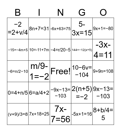 solving one and two steps equations Bingo Card