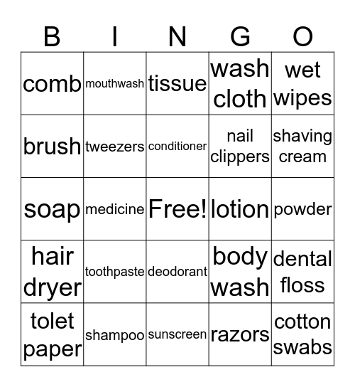 PERSONAL CARE ITEMS Bingo Card