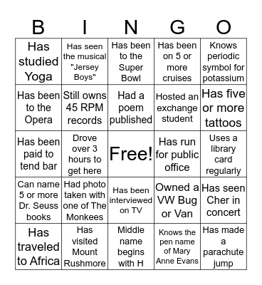 REUNION NIGHT BINGO Card