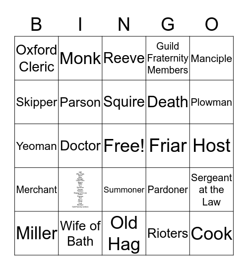 Canterbury Characters Bingo Card