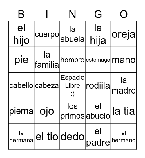 Familia/ Cuerpo Bingo Card